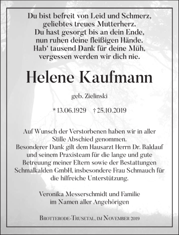 Traueranzeige von Helene Kaufmann von Südthüringer Presse