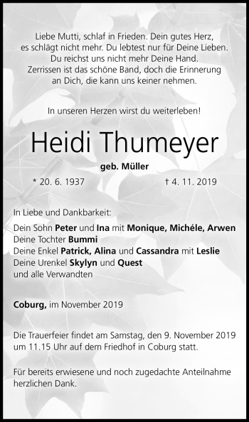 Traueranzeige von Heidi Thumeyer von Neue Presse Coburg