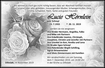 Traueranzeige von Lucie Hörnlein von Südthüringer Presse