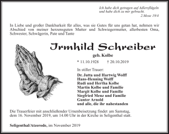 Traueranzeige von Irmhild Schreiber von Südthüringer Presse
