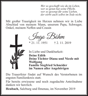 Traueranzeige von Ingo Böhm von Südthüringer Presse
