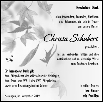 Traueranzeige von Christa Schubert von Südthüringer Presse