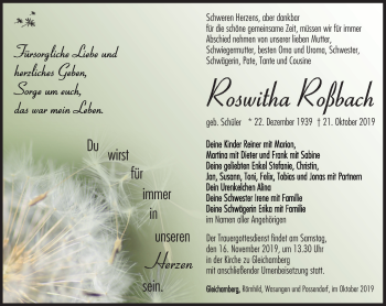 Traueranzeige von Roswitha Roßbach von Südthüringer Presse