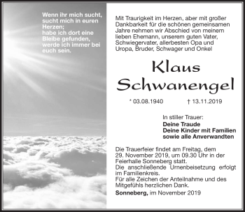Traueranzeige von Klaus Schwanenengel von Südthüringer Presse