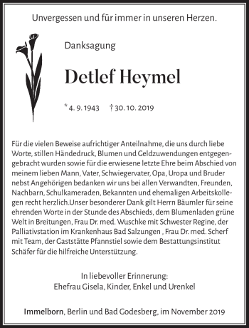 Traueranzeige von Detlef Heymel von Südthüringer Presse