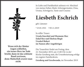 Traueranzeige von Liesbeth Eschrich von Südthüringer Presse