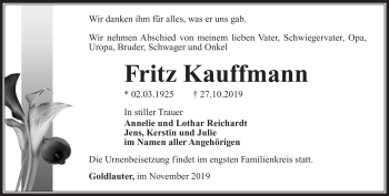 Traueranzeige von Fritz Kauffmann von Südthüringer Presse