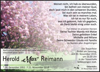 Traueranzeige von Herold Reimann von Südthüringer Presse