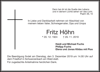 Traueranzeige von Fritz Höhn von Frankenpost
