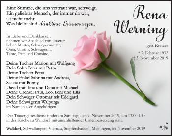 Traueranzeige von Rena Werning von Südthüringer Presse