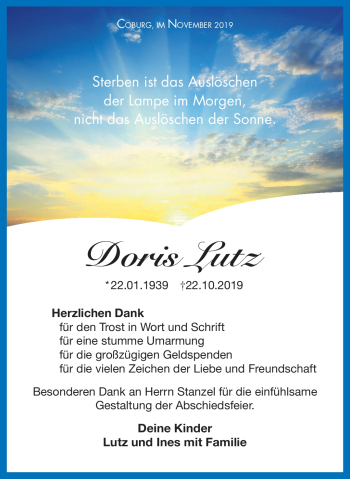 Traueranzeige von Doris Lutz von Neue Presse Coburg