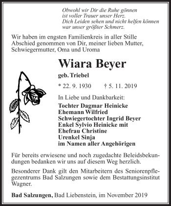 Traueranzeige von Wiara Beyer von Südthüringer Presse