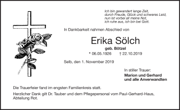 Traueranzeige von Erika Sölch von Frankenpost