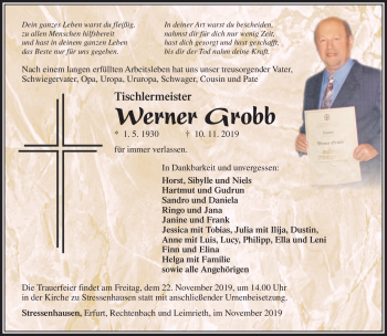 Traueranzeige von Werner Grobb von Südthüringer Presse
