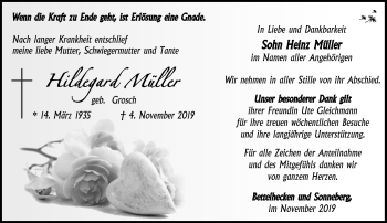 Traueranzeige von Hildegard Müller von Südthüringer Presse