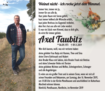 Traueranzeige von Axel Taubitz von Südthüringer Presse