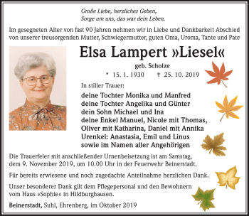 Traueranzeige von Elsa Lampert von Südthüringer Presse