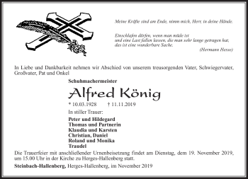 Traueranzeige von Alfred König von Südthüringer Presse