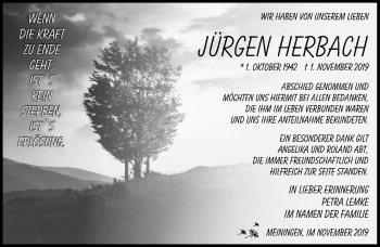 Traueranzeige von Jürgen Herbach von Südthüringer Presse