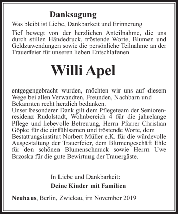 Traueranzeige von Wili Apel von Südthüringer Presse