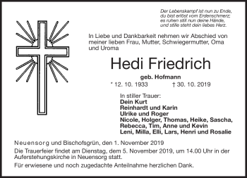 Traueranzeige von Hedi Friedrich von Neue Presse Coburg
