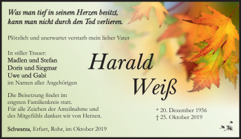 Traueranzeige von Harald Weiß von Südthüringer Presse