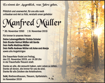 Traueranzeige von Manfred Müller von Südthüringer Presse