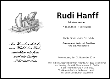 Traueranzeige von Rudi Hanff von Neue Presse Coburg