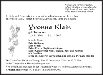 Traueranzeige von Yvonne Klein von Südthüringer Presse