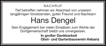 Traueranzeige von Hans Dengel von Frankenpost