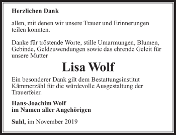 Traueranzeige von Lisa Wolf von Südthüringer Presse