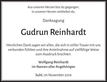 Traueranzeige von Gudrun Reinhardt von Südthüringer Presse