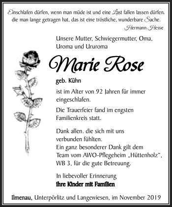 Traueranzeige von Marie Rose von Südthüringer Presse