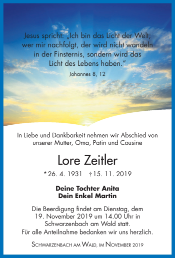 Traueranzeige von Lore Zeitler von Frankenpost