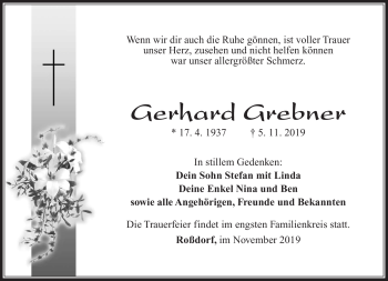 Traueranzeige von Gerhard Grebner von Südthüringer Presse