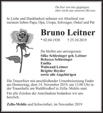 Traueranzeige von Bruno Leitner von Südthüringer Presse