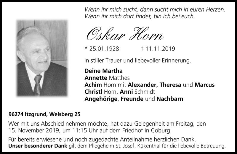  Traueranzeige für Oskar Horn vom 14.11.2019 aus Neue Presse Coburg
