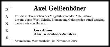 Traueranzeige von Axel Geißenhöner von Südthüringer Presse