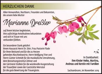 Traueranzeige von Marainne Dreßler von Südthüringer Presse