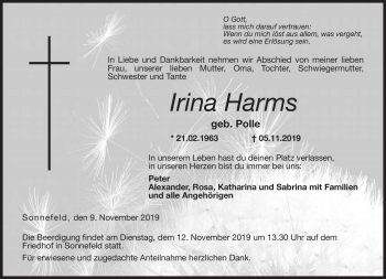 Traueranzeige von Irina Harms von Neue Presse Coburg