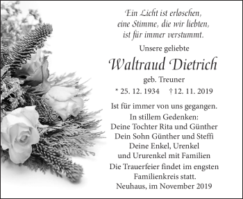 Traueranzeige von Waltraud Dietrichf von Südthüringer Presse
