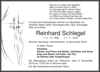 Traueranzeige von Reinhard Schlegel von Frankenpost