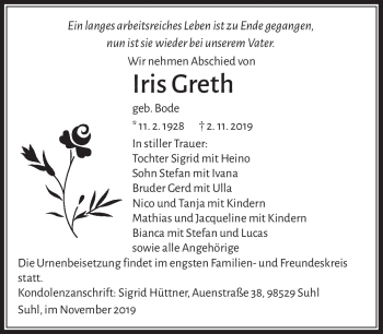Traueranzeige von Iris Greth von Südthüringer Presse