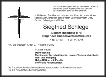 Traueranzeige von Siegfried Schlegel von Frankenpost