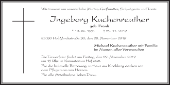 Traueranzeige von Ingeborg Kuchenreuther von Frankenpost