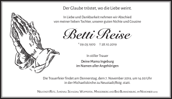 Traueranzeige von Betti Reise von Südthüringer Presse