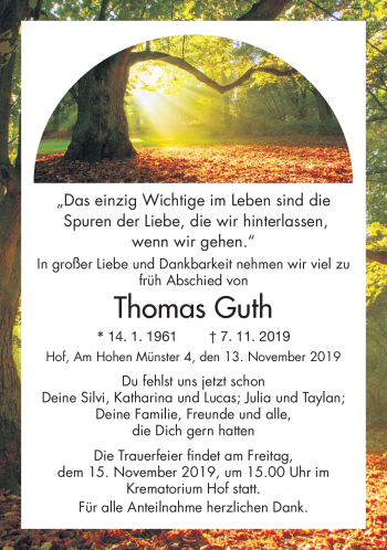 Traueranzeige von Thomas Guth von Frankenpost
