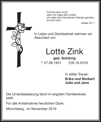 Traueranzeige von Lotte Zink von Frankenpost