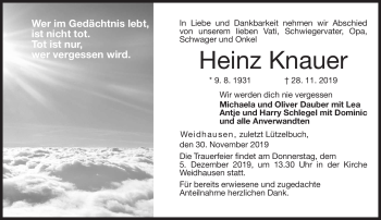 Traueranzeige von Heinz Knauer von Neue Presse Coburg