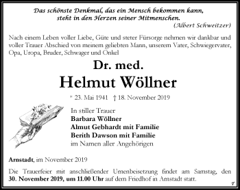 Traueranzeige von Helmut Wöllner von Südthüringer Presse